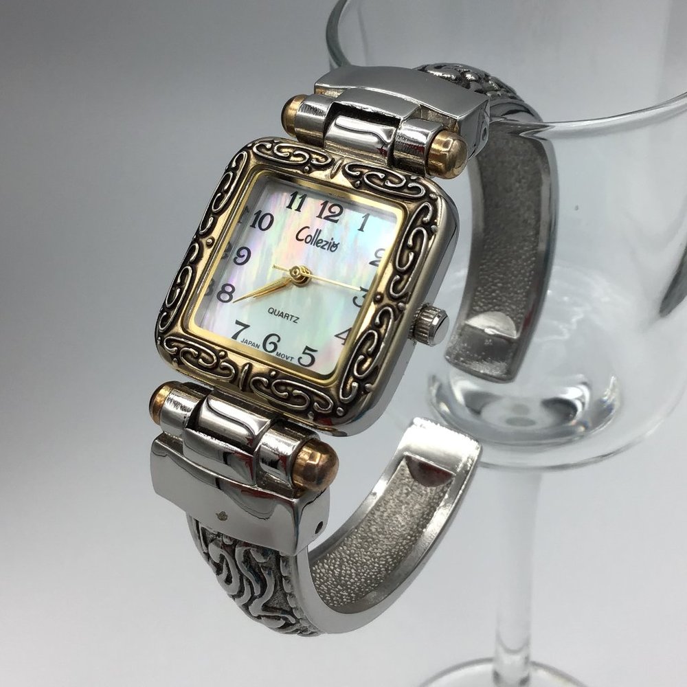 Ornate Collezio Hinged Bracelet Watch Vintage Two Tone Silver Gold Color